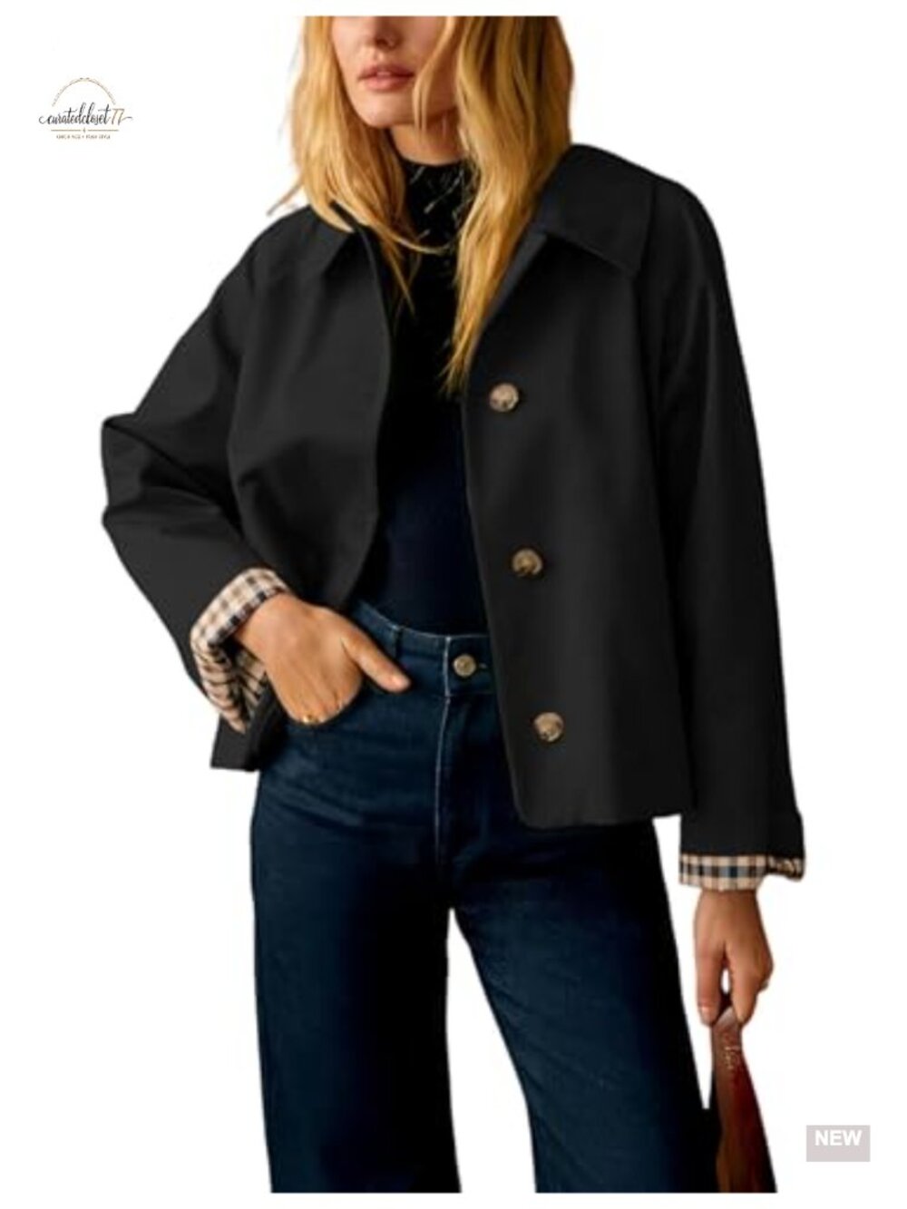 Women's Short Plaid Trench Coat Lapel Button Down Jacket with Pockets